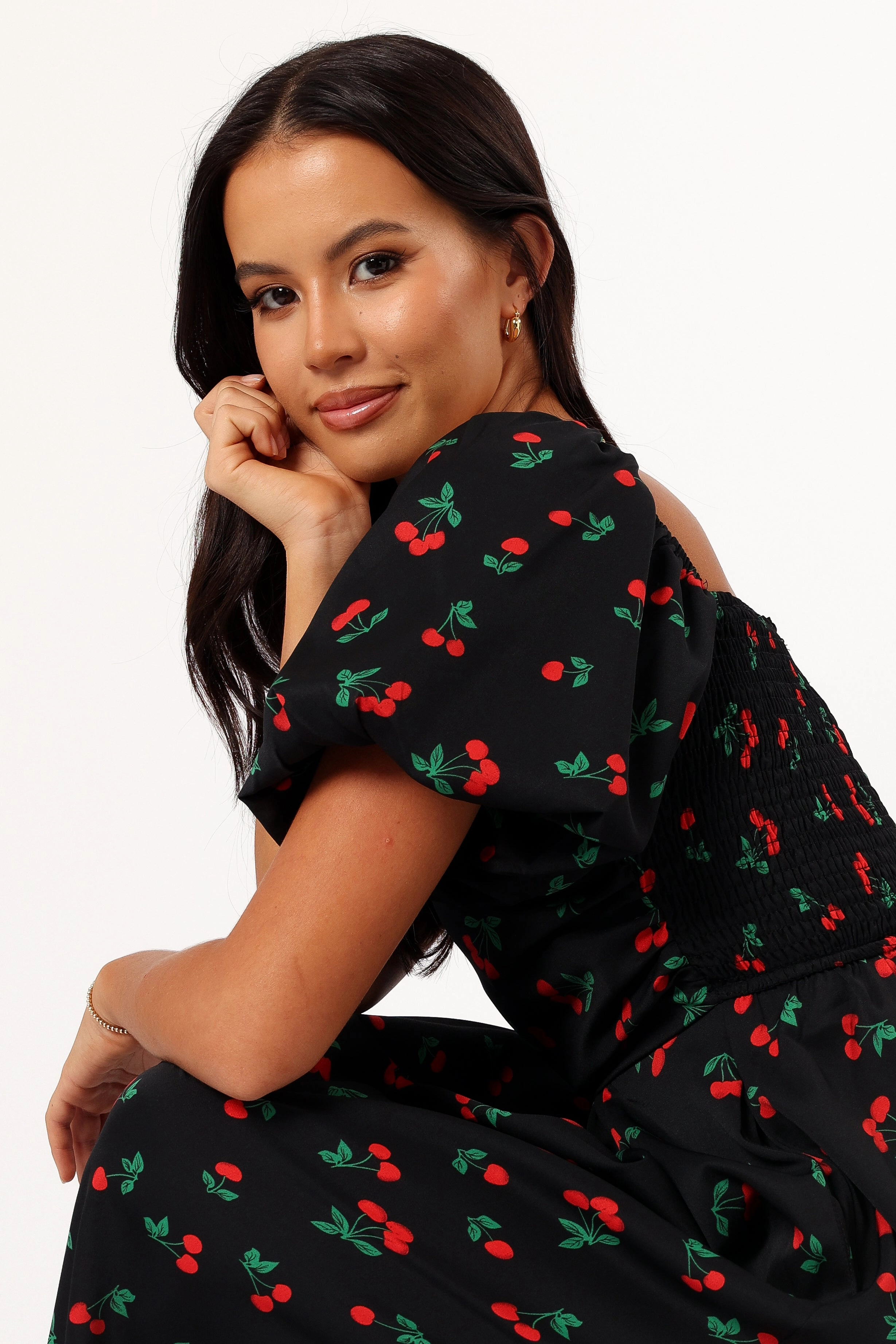 Chlo Puff Sleeve Midi Dress - Cherry Print