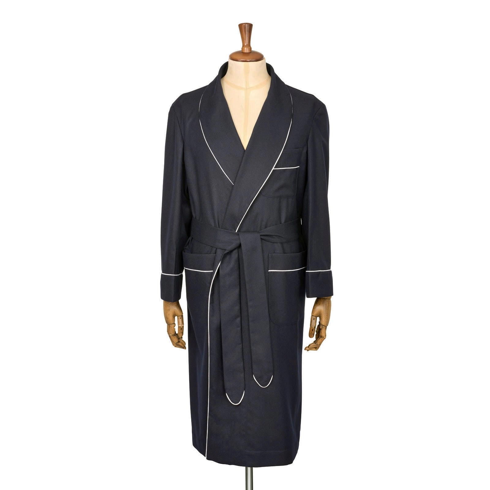 Fox Flannel Lounge Gown in Midnight Plain with White Piping